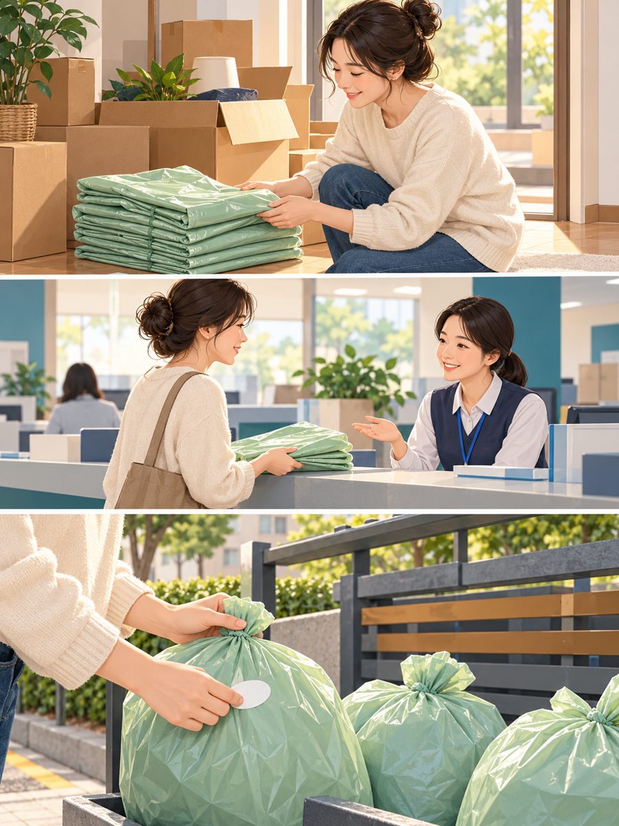 남은 종량제봉투 확인과 주민센터 문의, 인증스티커 부착 순서 그림