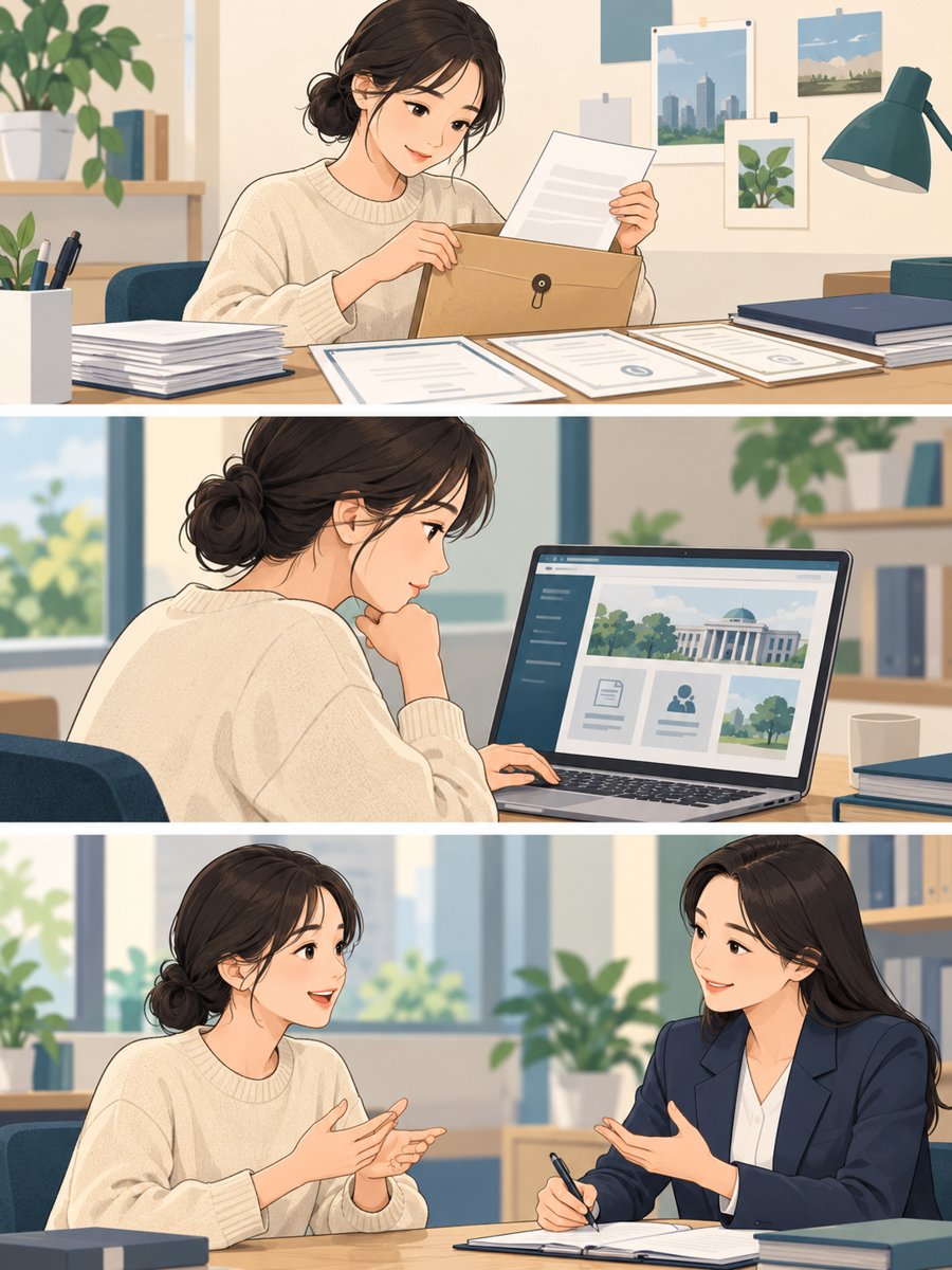 채용서류 목록 정리와 반환 신청, 우편 수령 확인 과정 그림