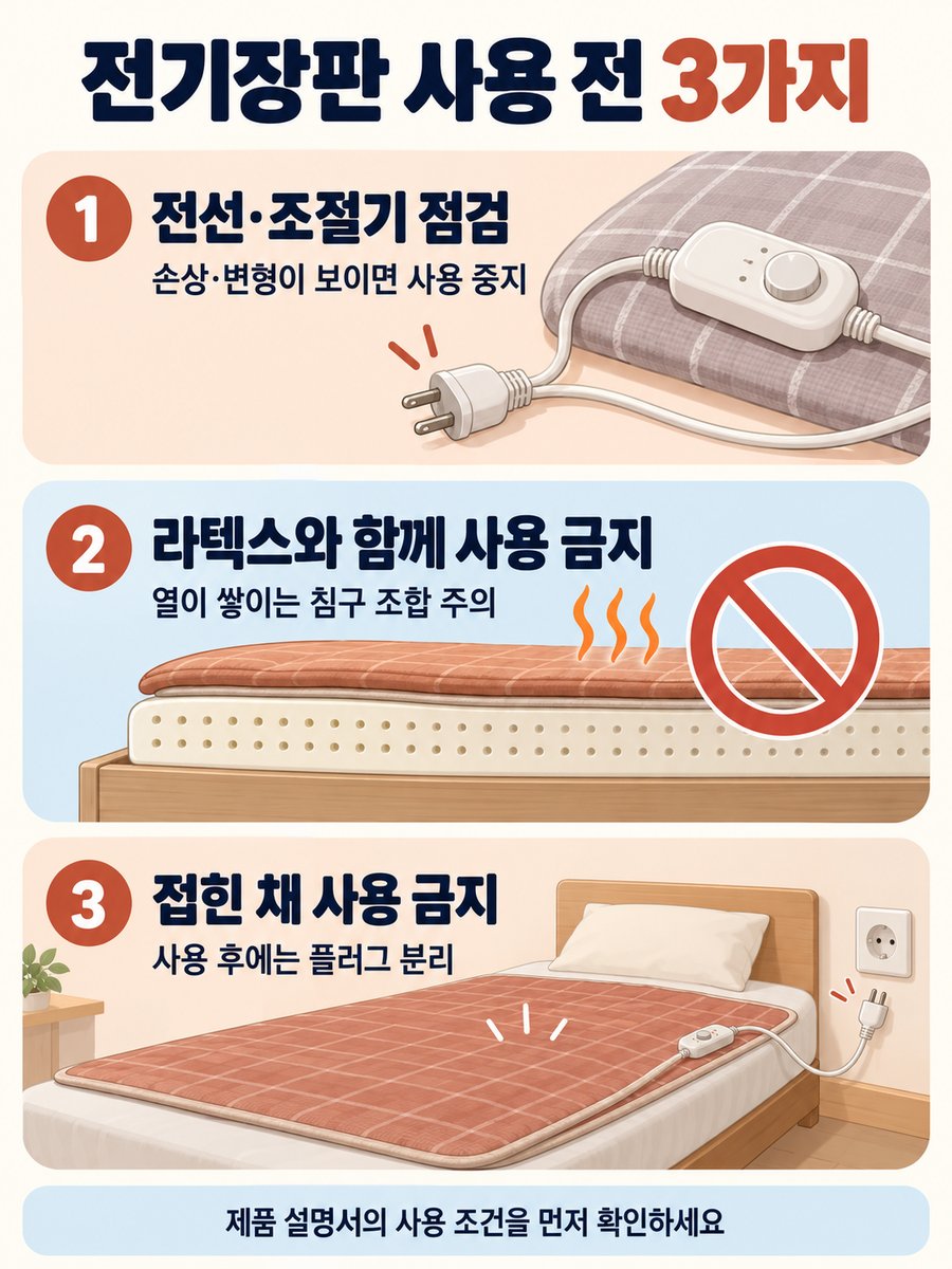 전기장판의 전선과 조절기 점검, 라텍스 함께 사용 금지, 접힌 채 사용 금지 안내