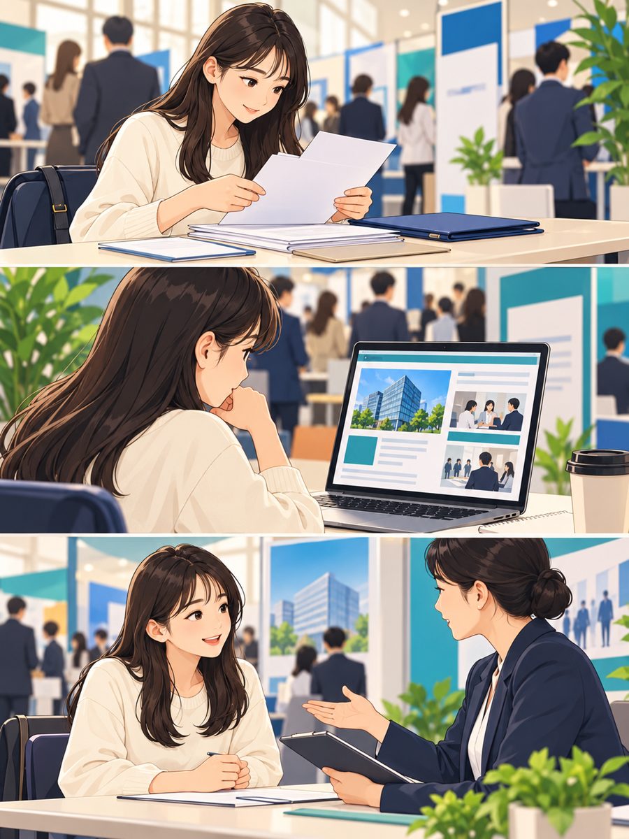 지역 채용행사 검색과 이력서 준비, 채용담당자 면접 과정 그림