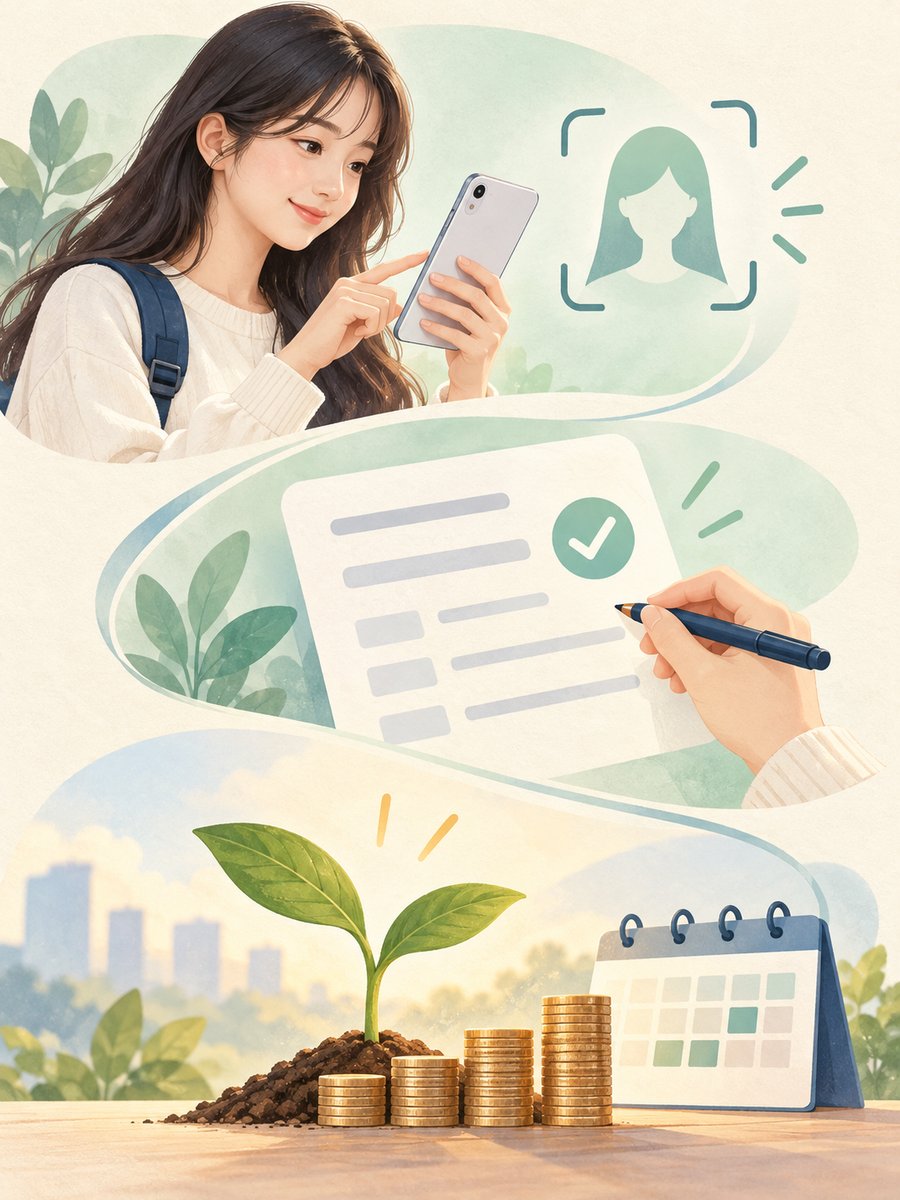 청년 연금보험료 본인 인증과 신청 확인, 첫 가입 이력을 표현한 안내 그림