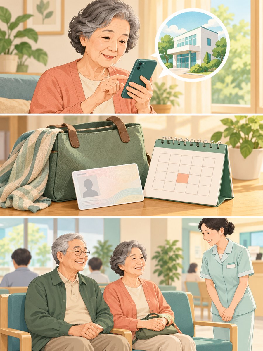어르신 독감 무료접종 병원 확인과 신분증 준비, 접종기관 대기 안내 그림