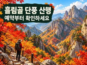 흘림골 단풍 산행과 예약 확인을 안내하는 가을 산 풍경 일러스트
