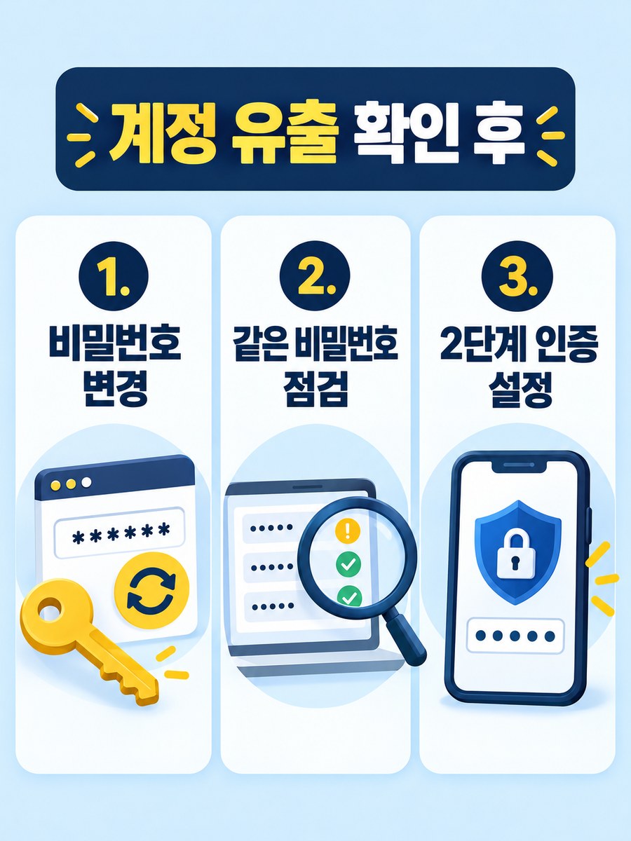 계정 유출 확인 후 비밀번호 변경과 재사용 점검 및 2단계 인증 순서