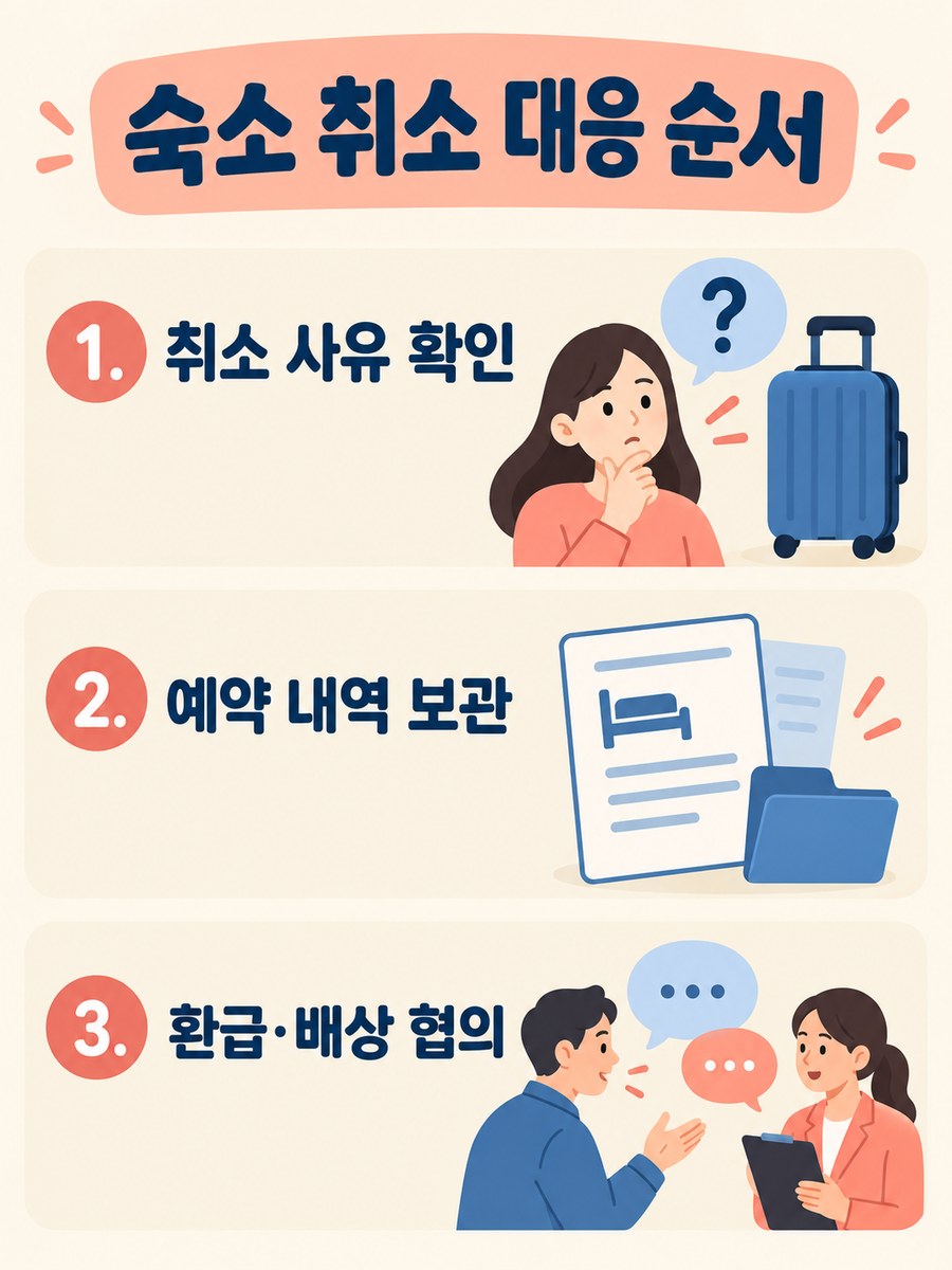 숙소 취소 사유 확인, 예약 내역 보관, 환급과 배상 협의 순서