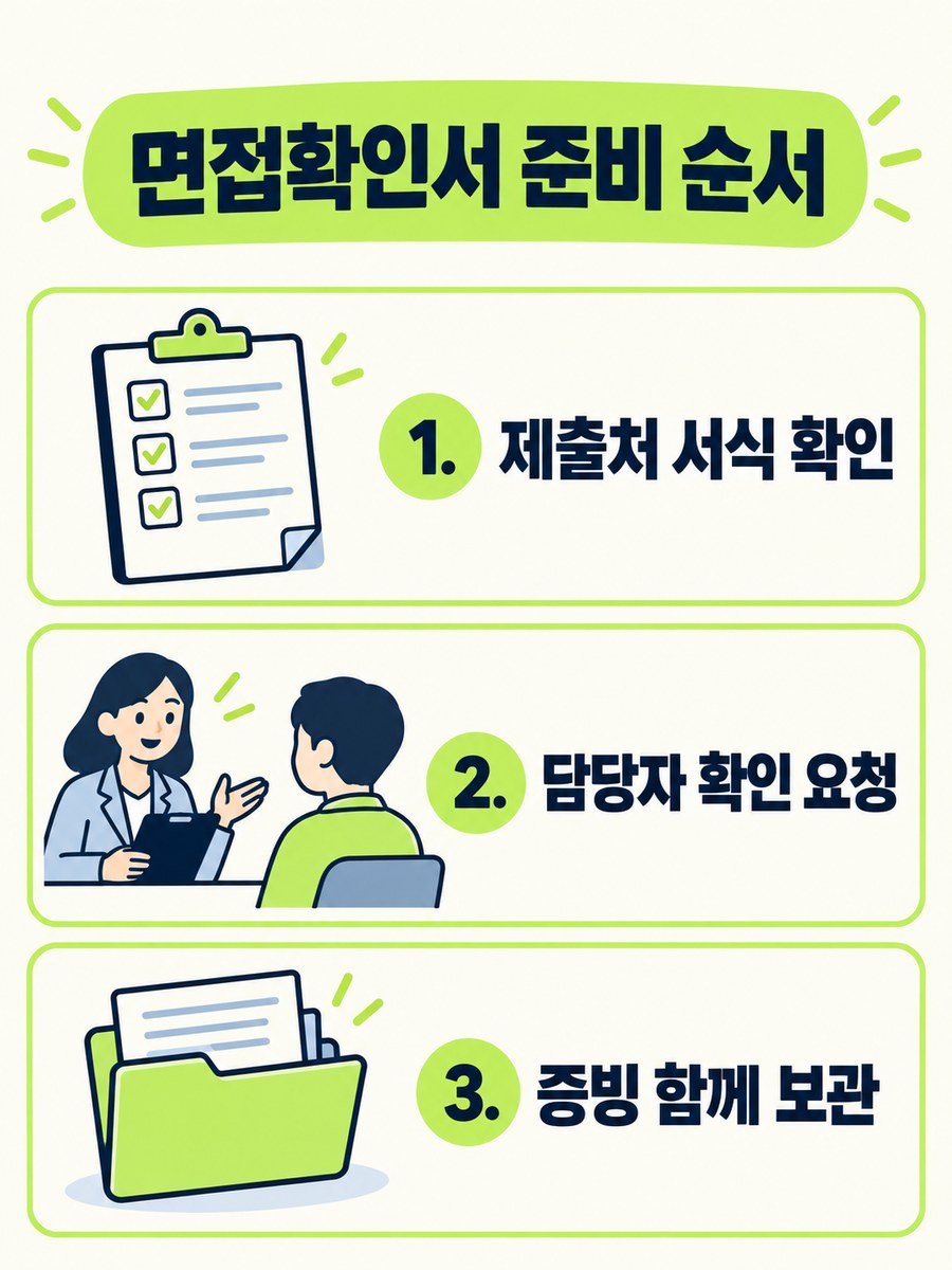 제출처 서식 확인, 담당자 확인 요청, 증빙 보관의 면접확인서 준비 순서