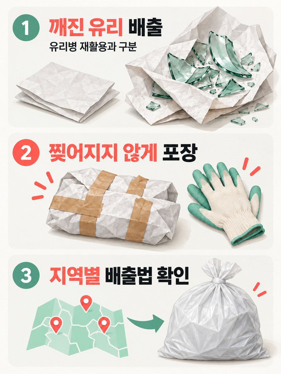 깨진 유리를 유리병과 구분하고 포장한 뒤 지역 배출법을 확인하는 순서