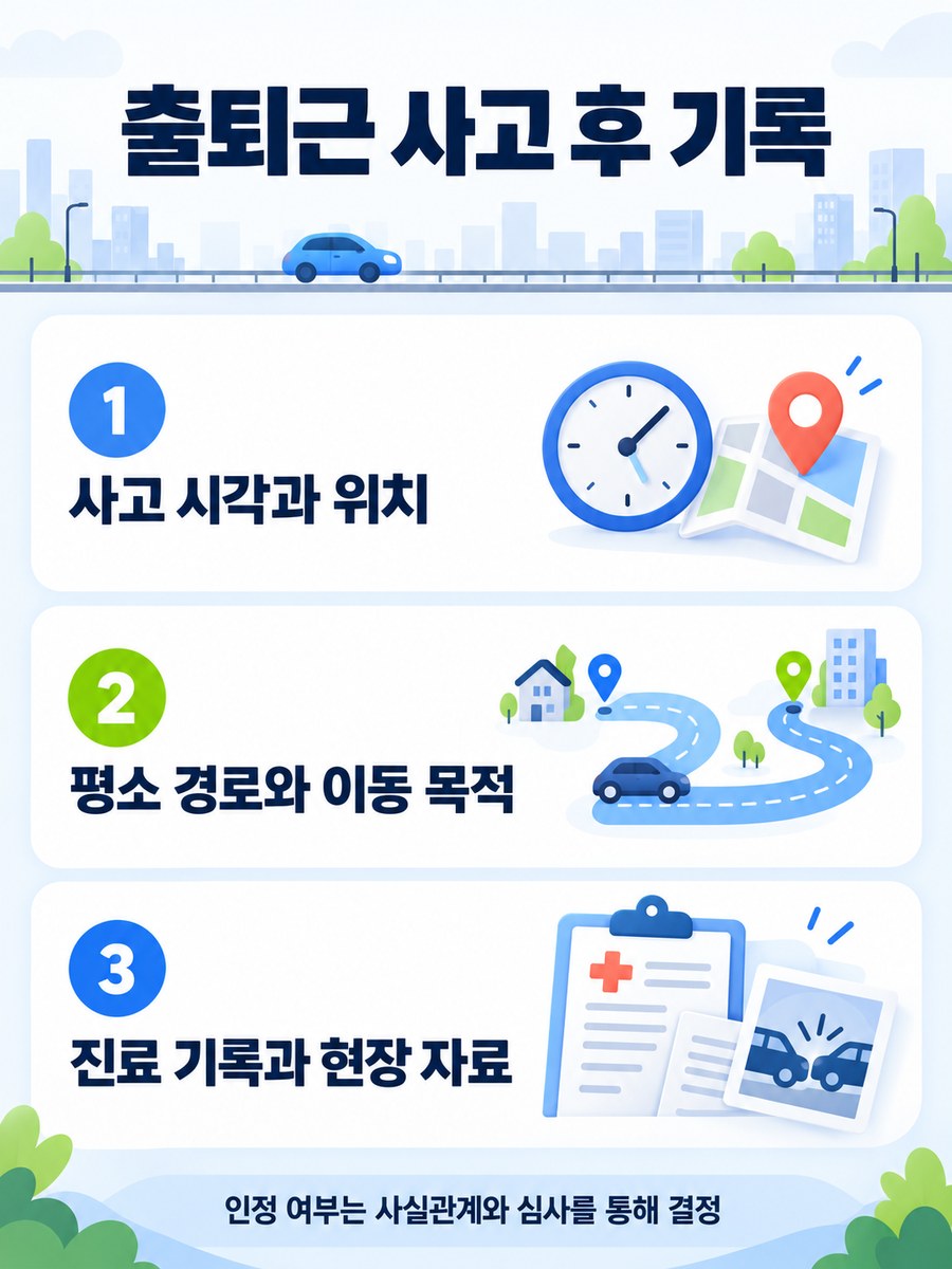 출퇴근 사고의 시각 위치 이동 목적 및 진료와 현장 자료 기록 안내
