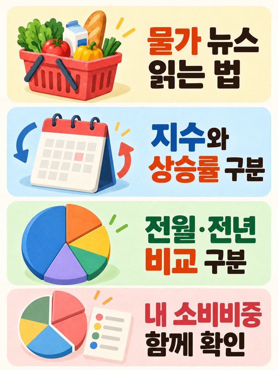 물가 뉴스에서 지수 상승률 비교기간 및 소비비중을 구분하는 안내