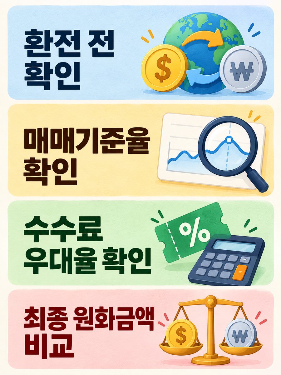 환전 전 매매기준율 수수료 우대율 및 최종 원화금액 비교 안내