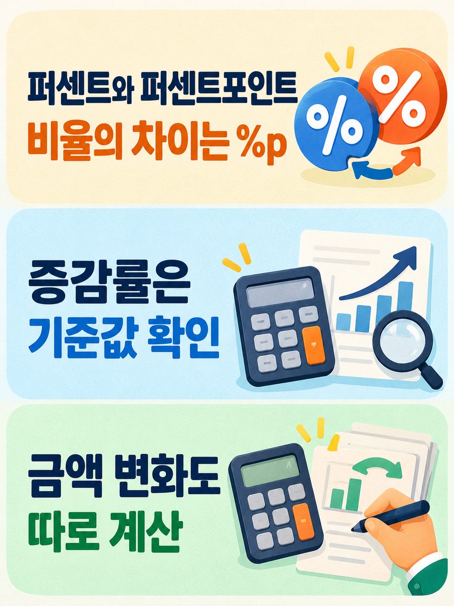 비율 차이는 퍼센트포인트 증감률은 기준값 금액 변화는 별도 계산 안내