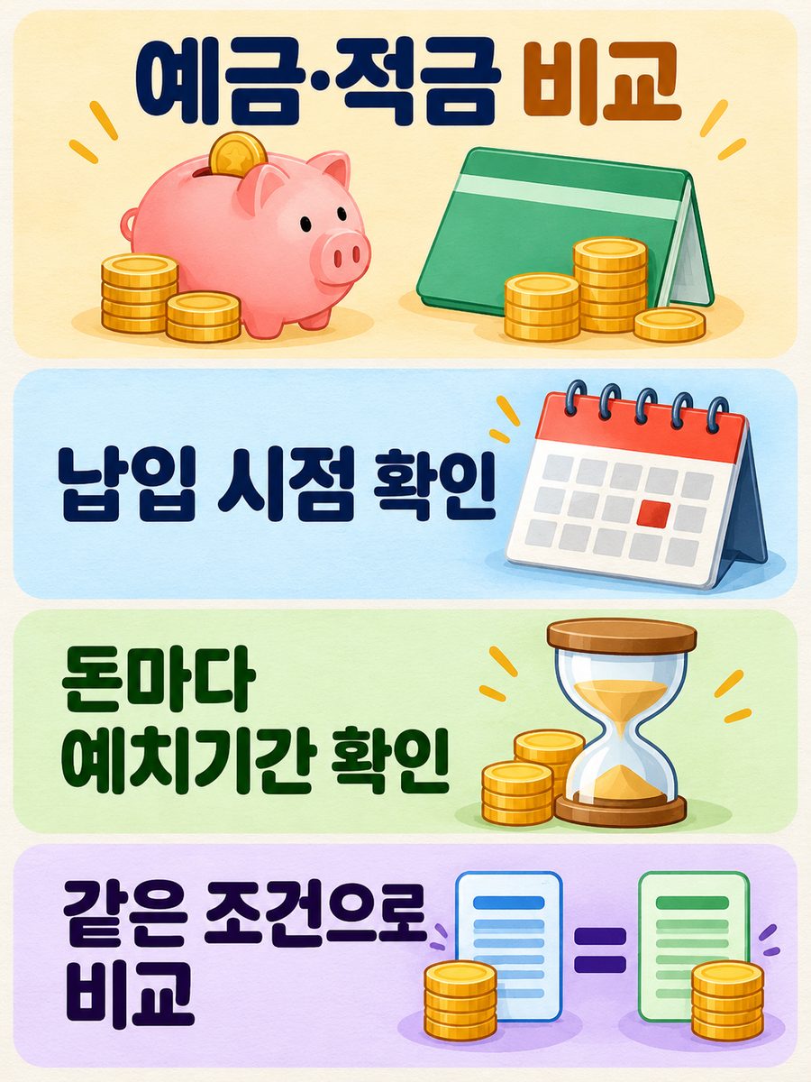 예금과 적금의 납입 시점 예치기간 및 동일 조건 비교 안내