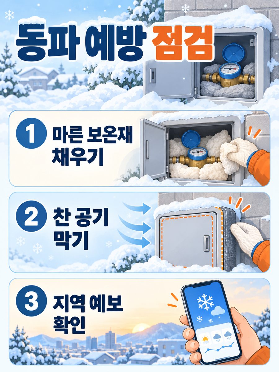 수도계량기 동파 예방을 위한 보온과 찬 공기 차단 및 지역 예보 확인