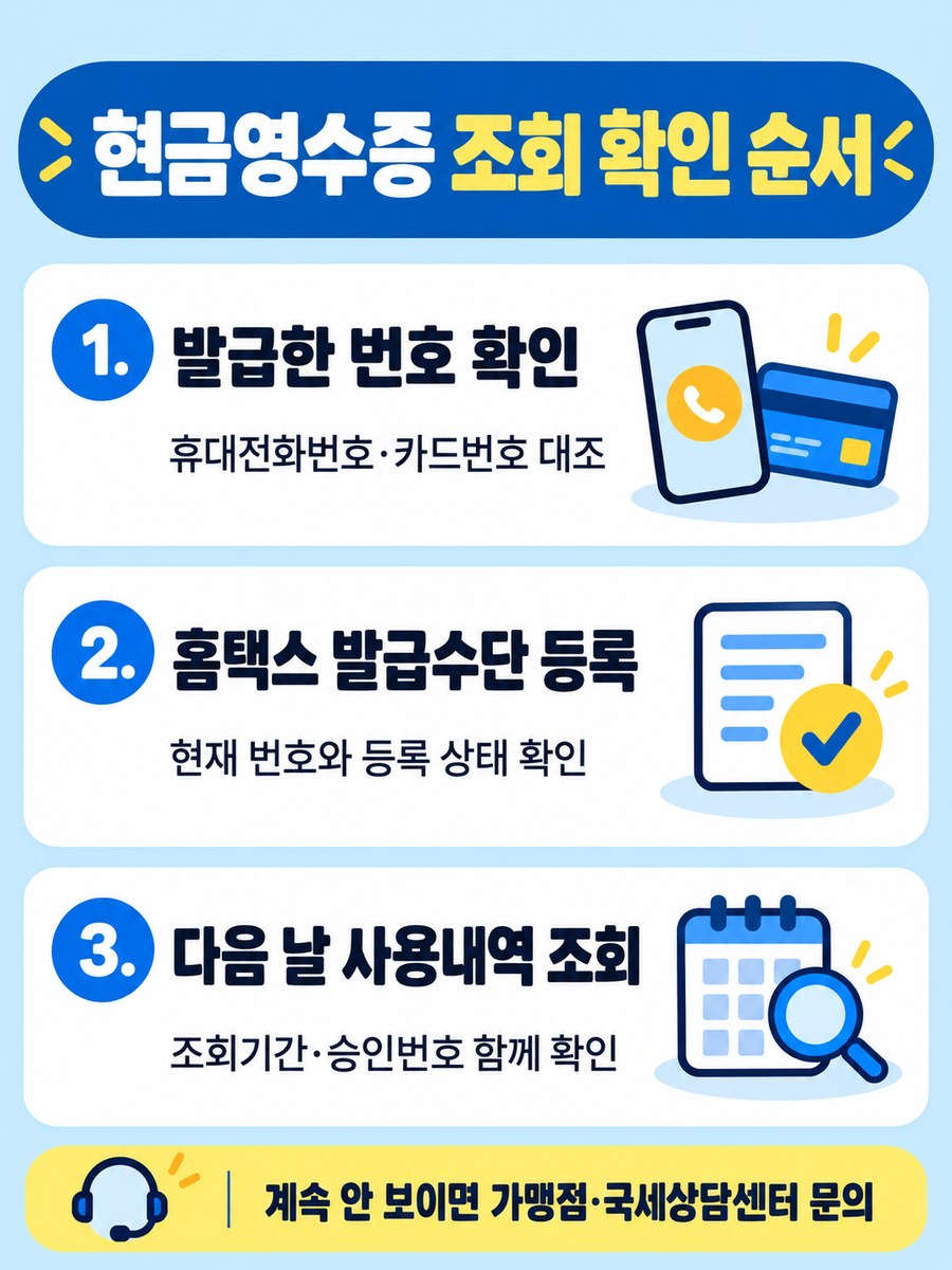 현금영수증 발급 번호 확인, 홈택스 발급수단 등록, 다음 날 사용내역 조회 순서