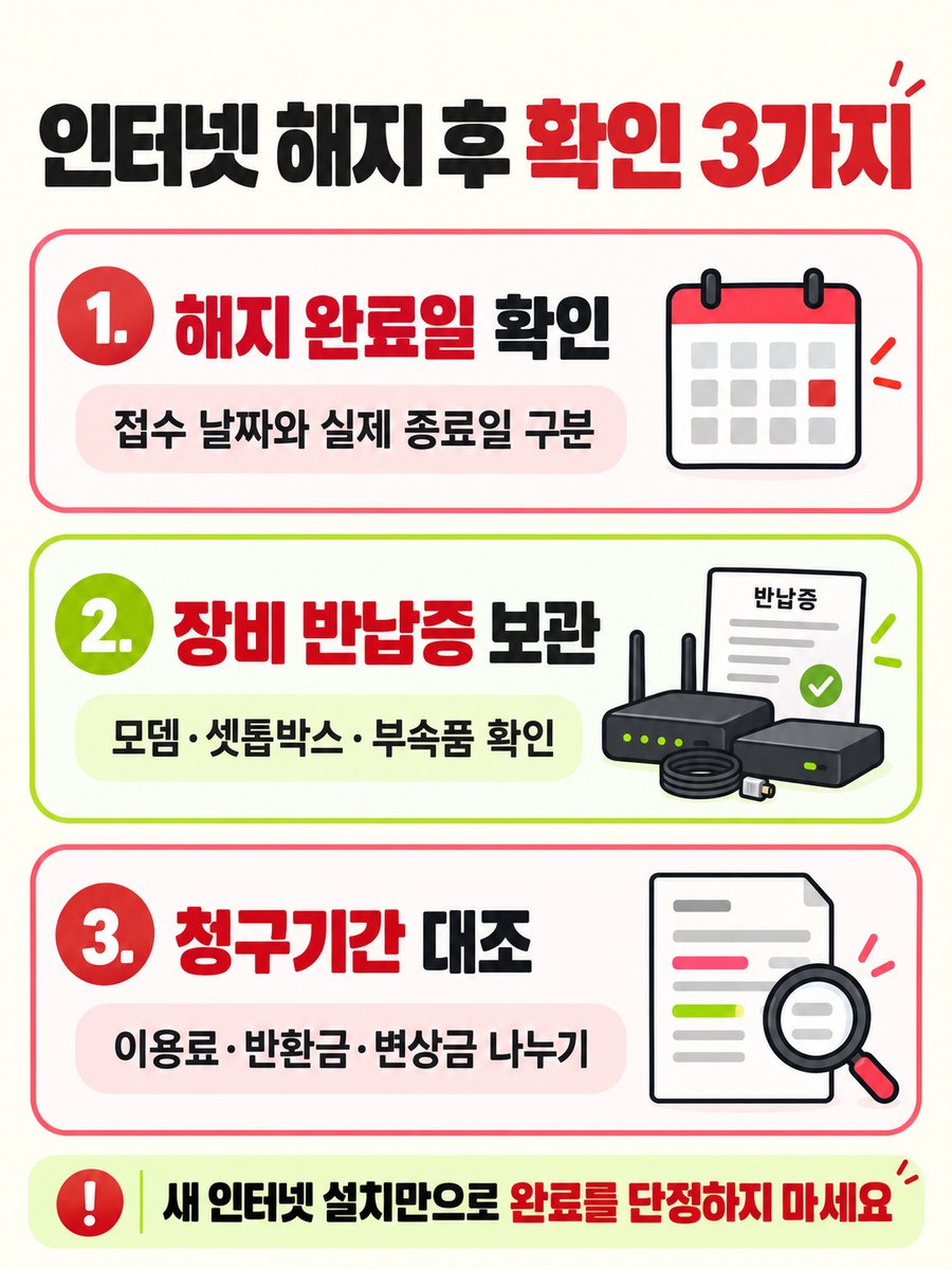 인터넷 해지 완료일, 임대장비 반납증, 마지막 청구기간을 나누어 확인하는 순서