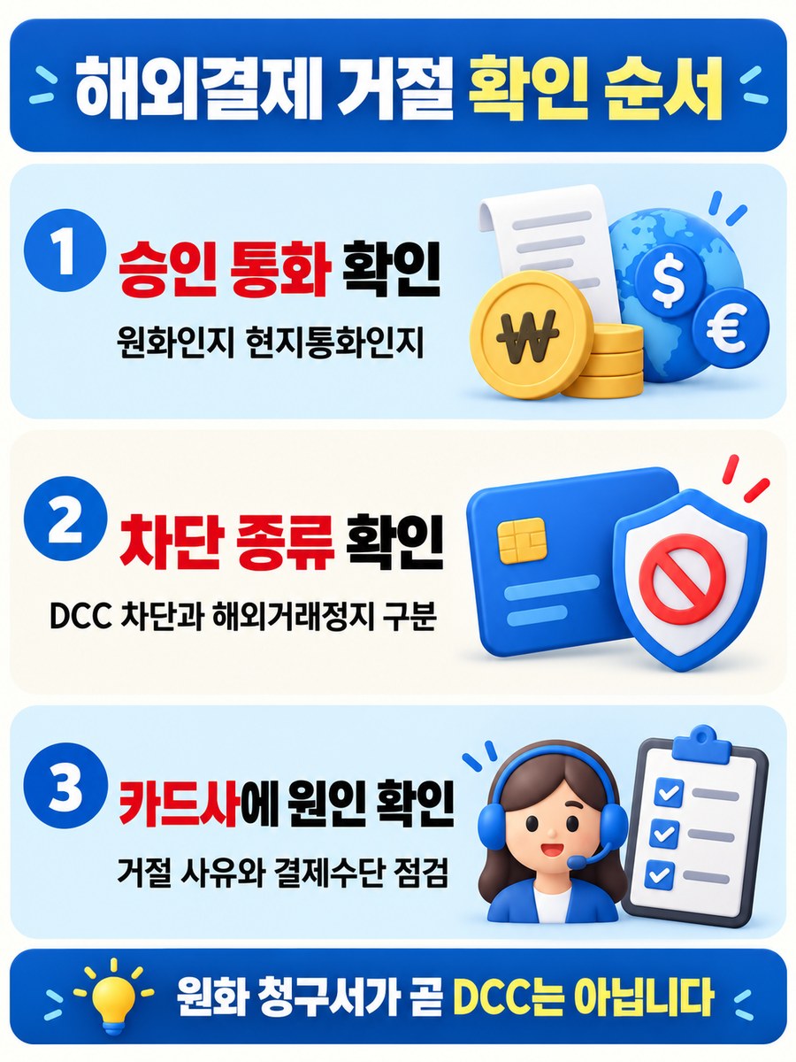 해외결제 거절 시 승인 통화, 차단 종류, 카드사 거절 사유를 확인하는 순서
