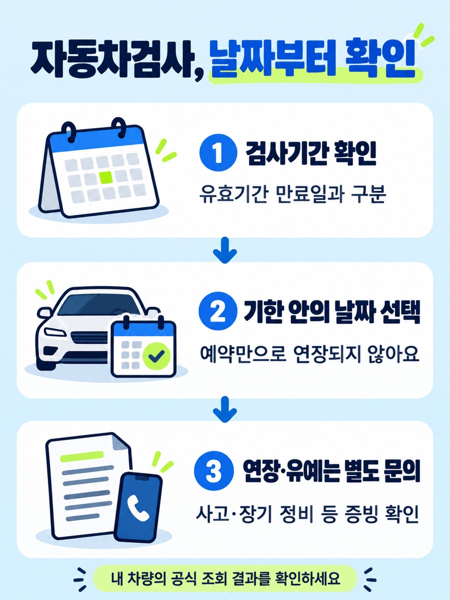자동차검사 기간 확인, 기한 내 예약, 연장·유예 별도 문의의 세 단계