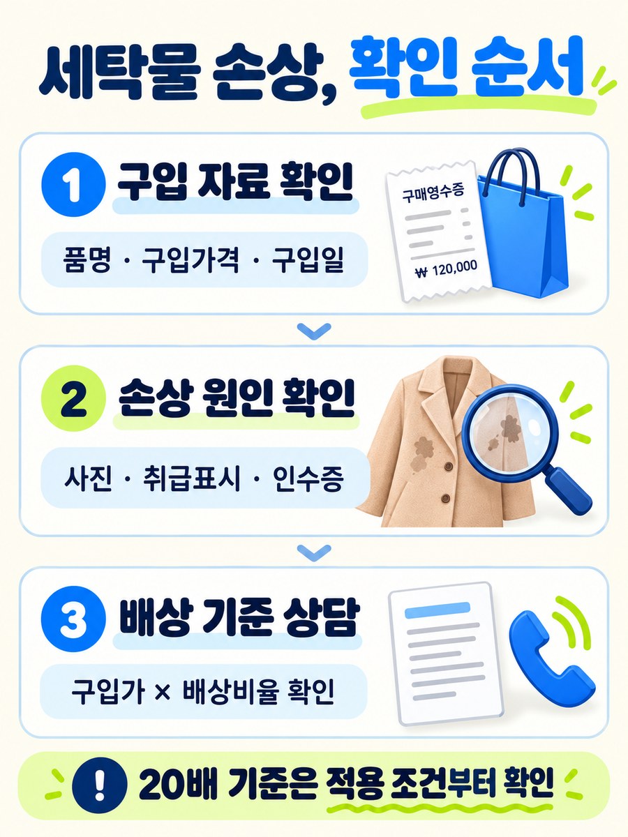 세탁물 손상 시 구입자료, 손상원인, 배상기준을 확인하는 세 단계