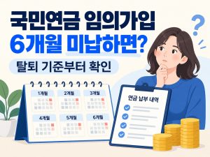 국민연금 임의가입 6개월 미납 시 탈퇴 기준을 묻는 문구와 달력·납부 확인표