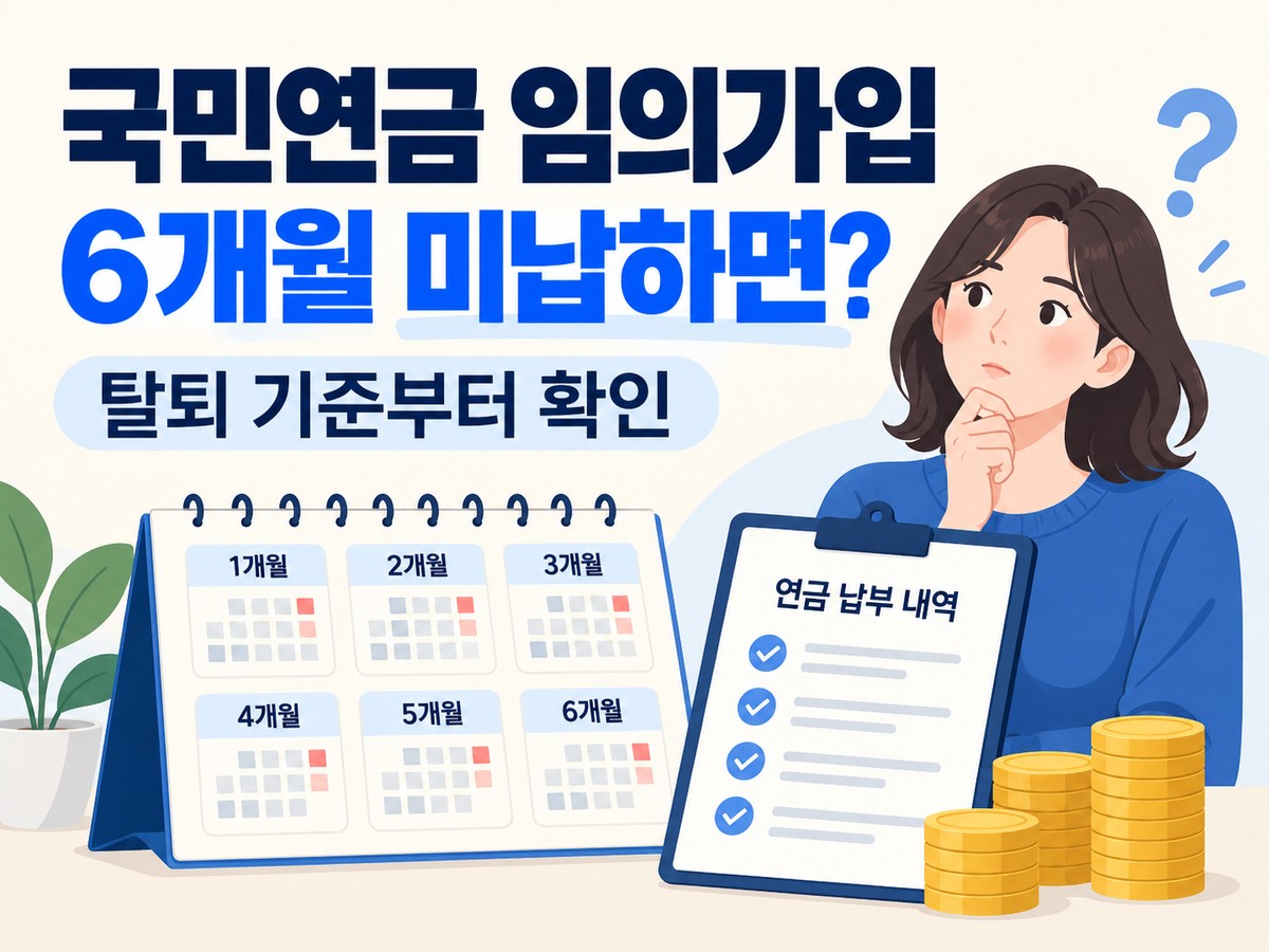 국민연금 임의가입 6개월 미납 시 탈퇴 기준을 묻는 문구와 달력·납부 확인표