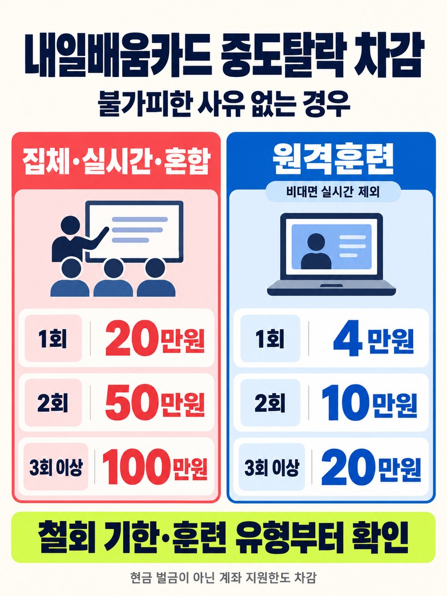 집체 실시간 혼합훈련과 원격훈련의 중도탈락 횟수별 지원한도 차감액 비교
