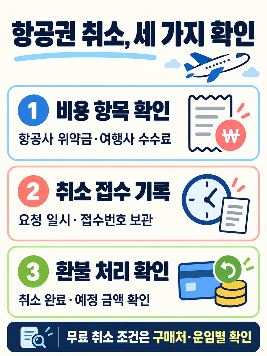 항공권 취소 시 비용 항목, 취소 접수 기록, 환불 처리 결과를 확인하는 세 단계