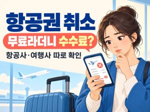 항공권 취소가 무료인데 수수료가 나오는지 묻는 문구와 여행자·예약 화면·캐리어