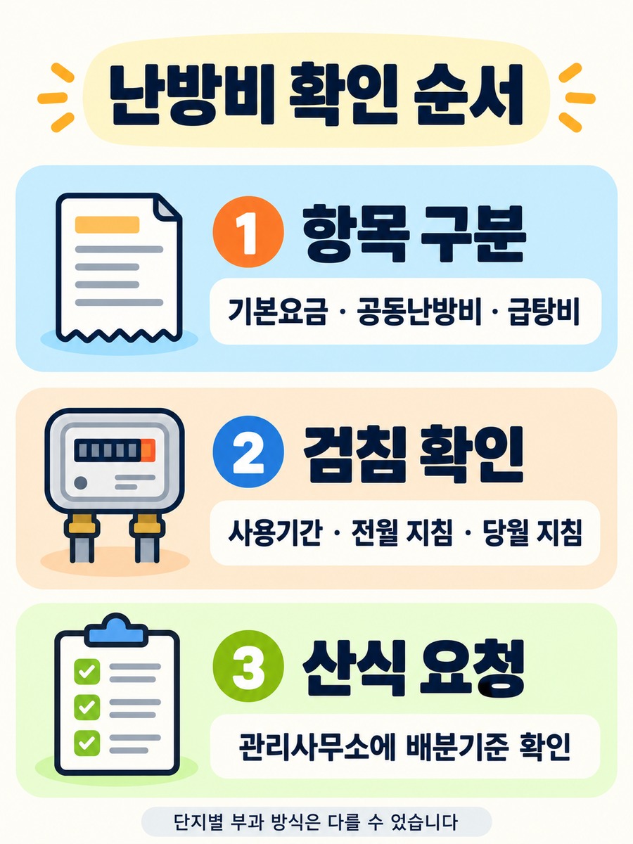 난방비 항목 구분, 검침 확인, 관리사무소 산식 요청으로 이어지는 세 단계 안내