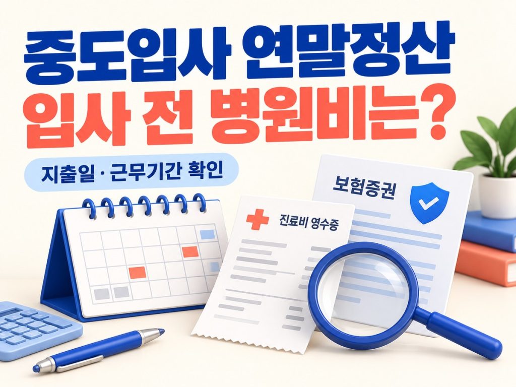 중도입사 연말정산에서 입사 전 병원비를 공제할 수 있는지 묻는 문구와 달력 보험증권 진료비 영수증