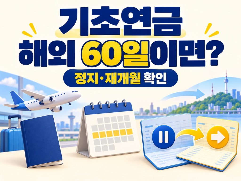 기초연금 해외 60일이면 정지와 재개월을 확인하라는 문구와 비행기 달력 통장 그림