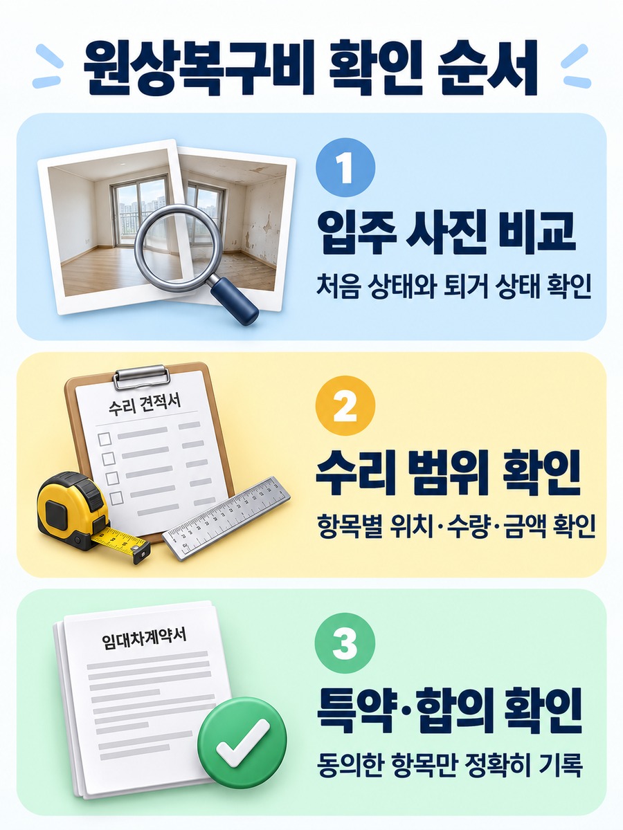 입주 사진 비교, 수리 범위 확인, 특약과 합의 확인을 세로 순서로 보여주는 안내