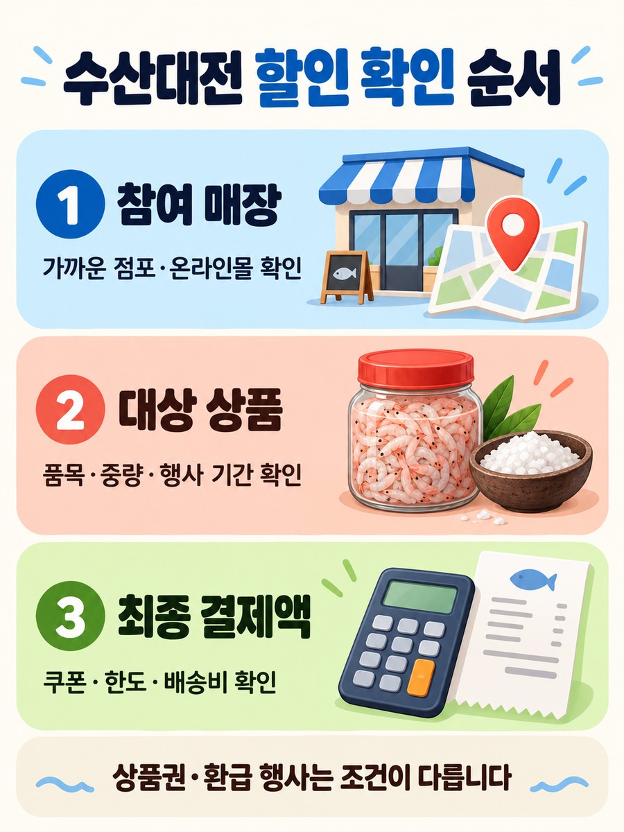 수산대전 할인 확인 순서: 참여 매장, 대상 상품, 최종 결제액