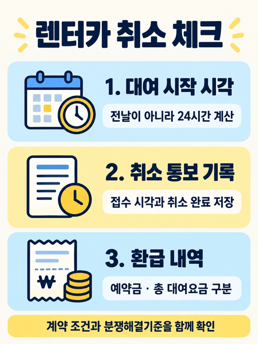 렌터카 취소 시 대여 시작 시각·통보 기록·환급 내역을 확인하는 순서