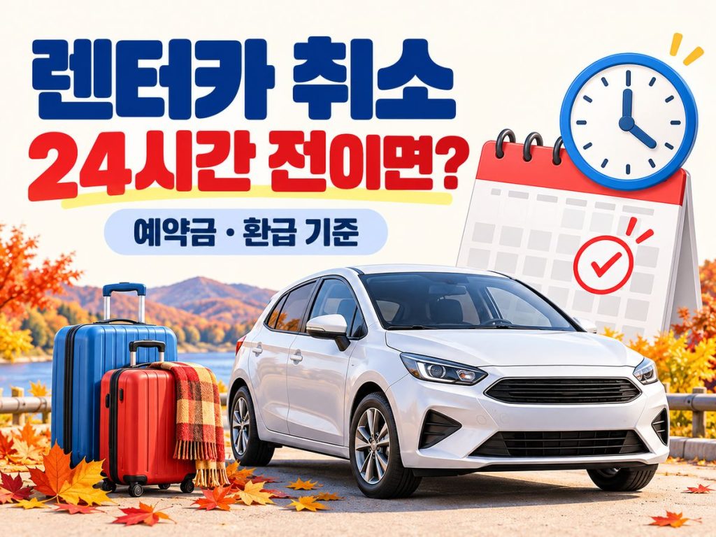 렌터카 취소 24시간 전이면을 묻는 문구와 차량·달력·여행 가방
