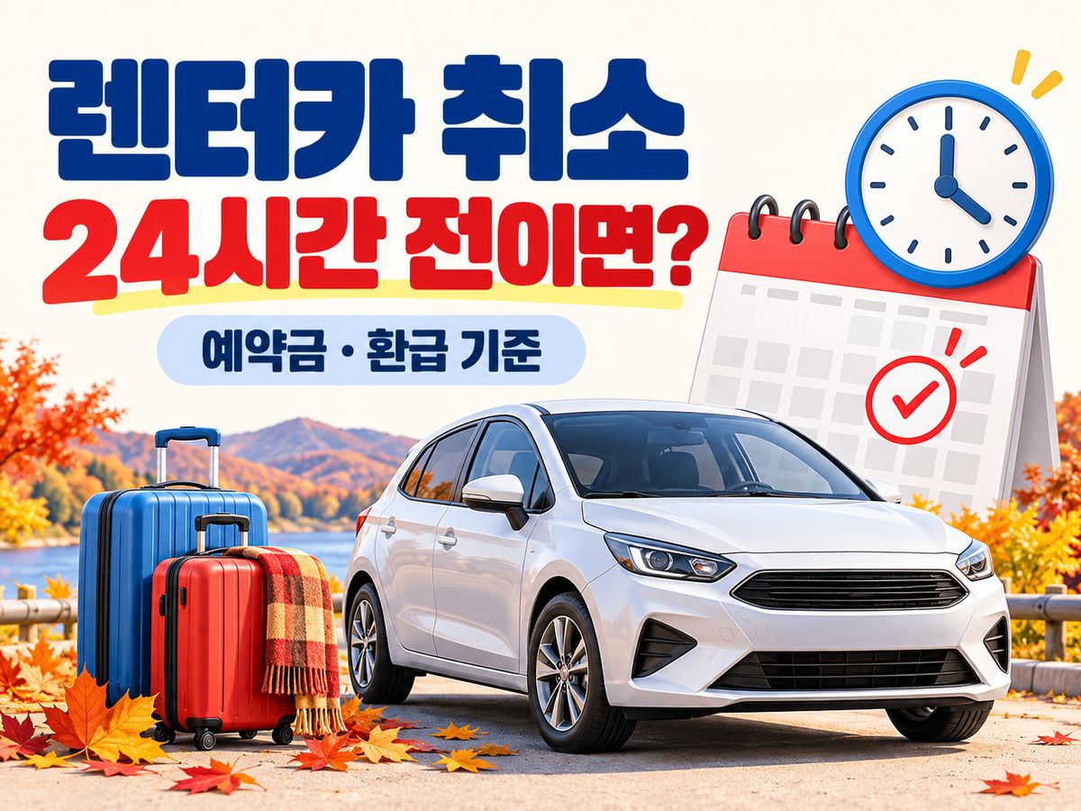 렌터카 취소 24시간 전이면을 묻는 문구와 차량·달력·여행 가방