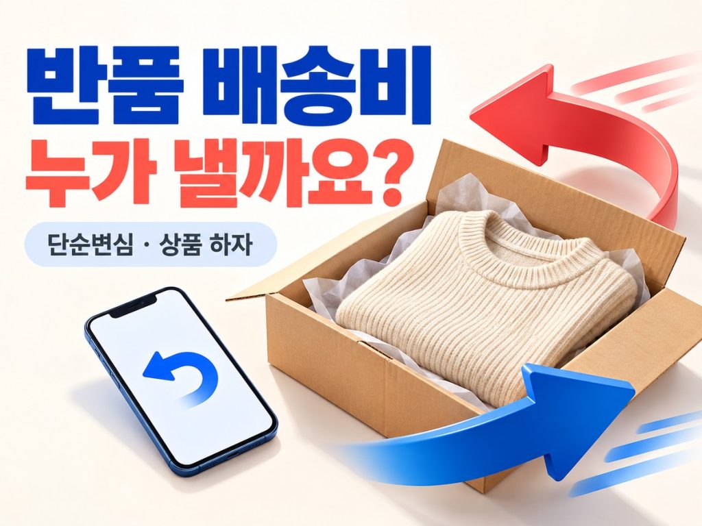 반품 배송비를 누가 내는지 묻는 문구와 옷·택배·반품 화살표