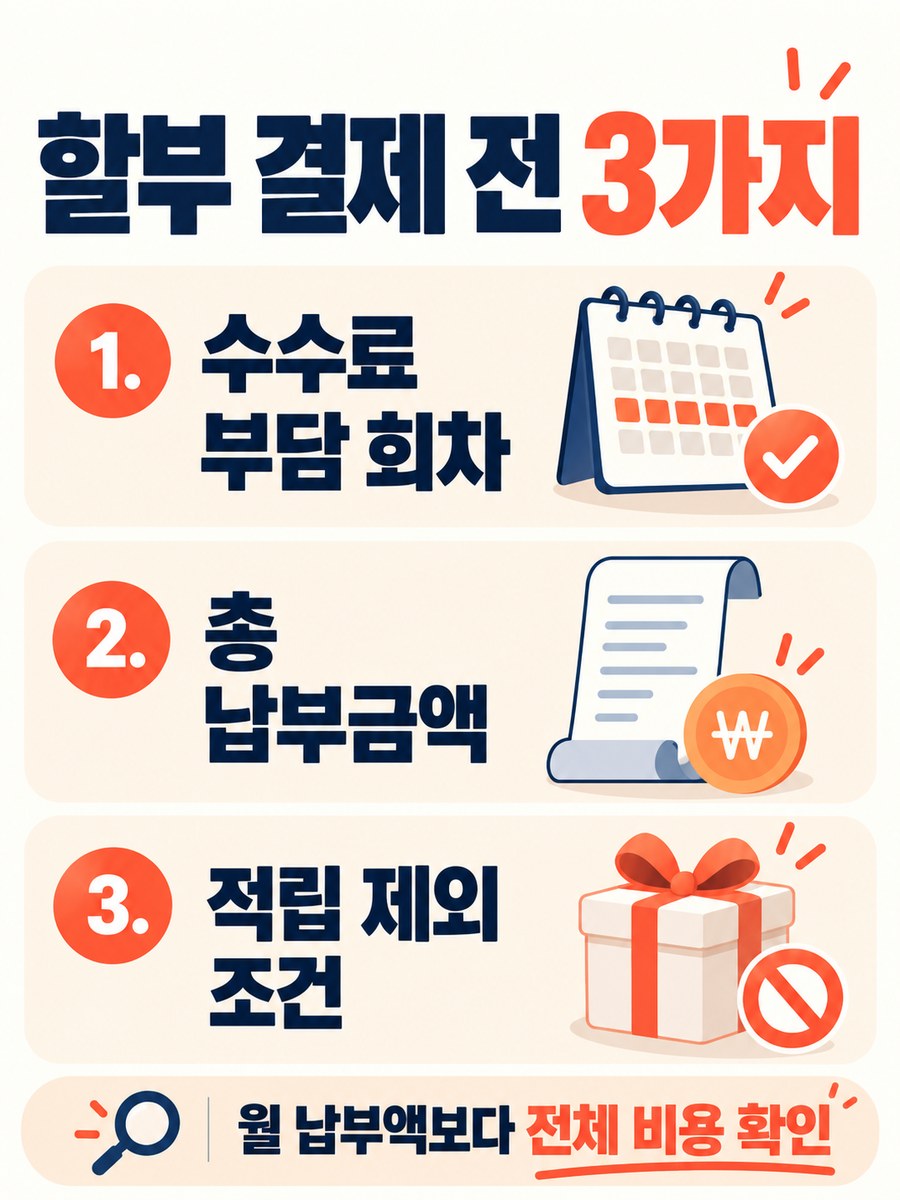 할부 결제 전 수수료 부담 회차와 총 납부금액, 적립 제외 조건을 확인하는 안내