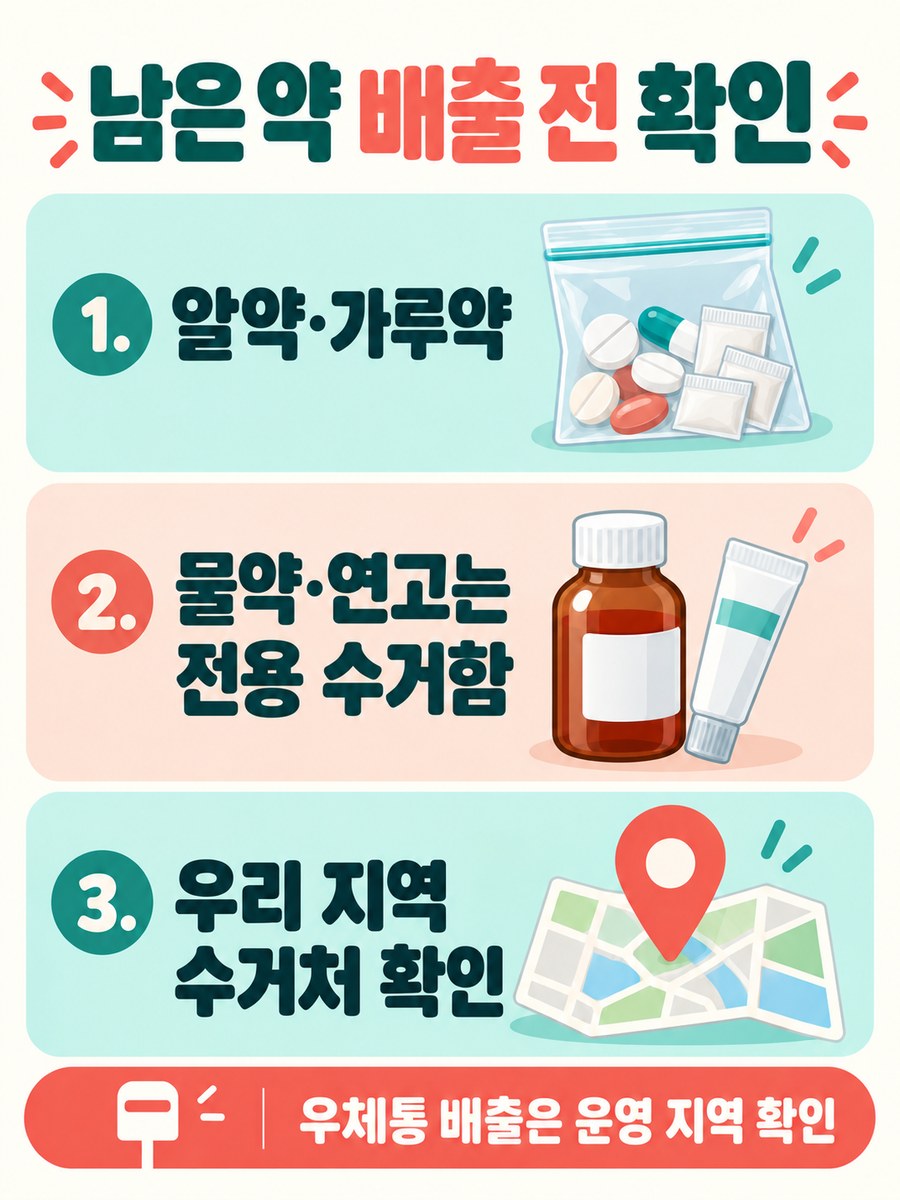알약과 가루약, 물약과 연고를 구분하고 지역 수거처를 확인하는 폐의약품 배출 안내
