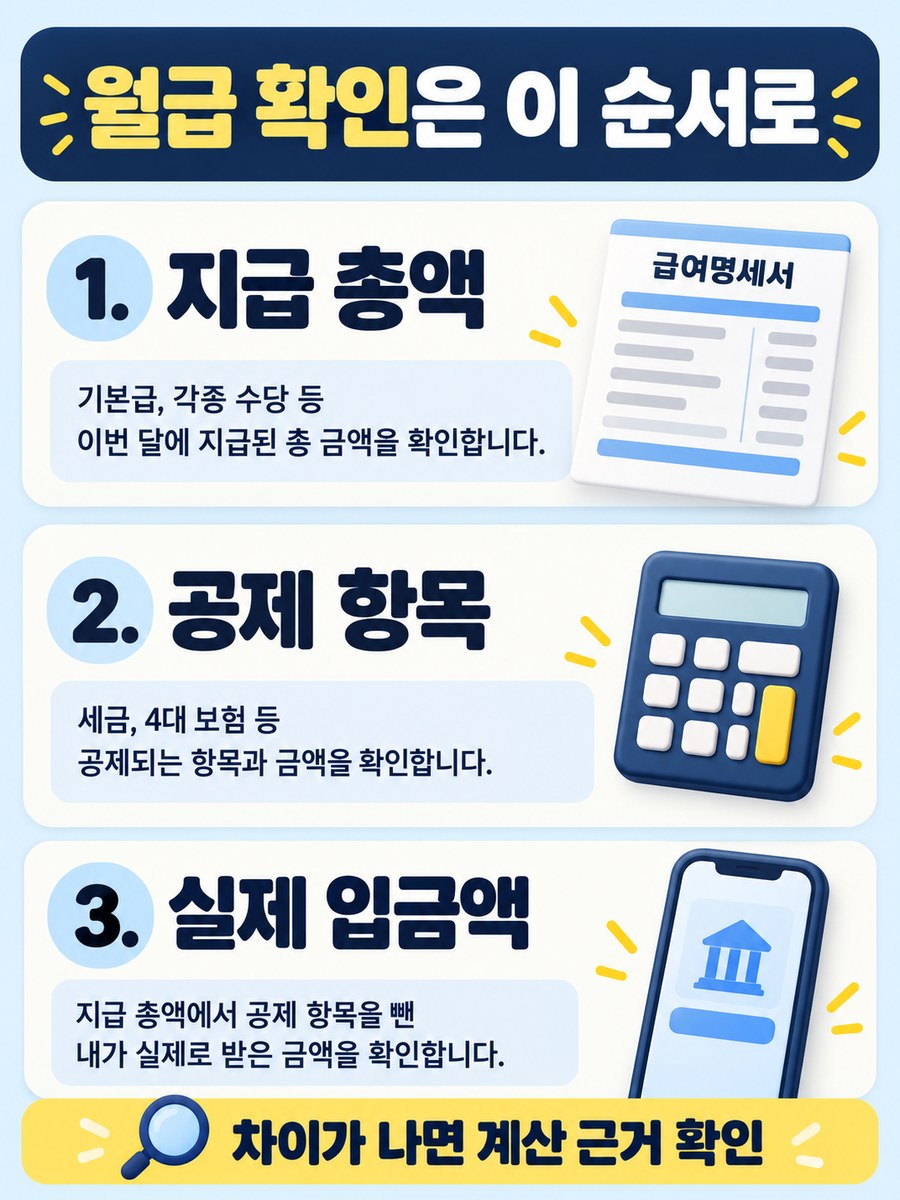 임금 지급 총액에서 공제 항목을 확인한 뒤 실제 입금액과 비교하는 순서