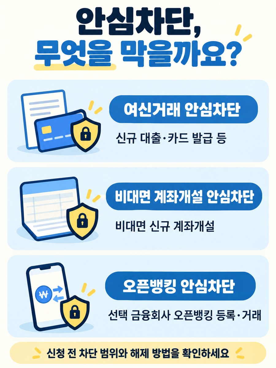 안심차단 3종의 신규 여신거래, 비대면 계좌개설, 오픈뱅킹 차단 범위 비교 안내