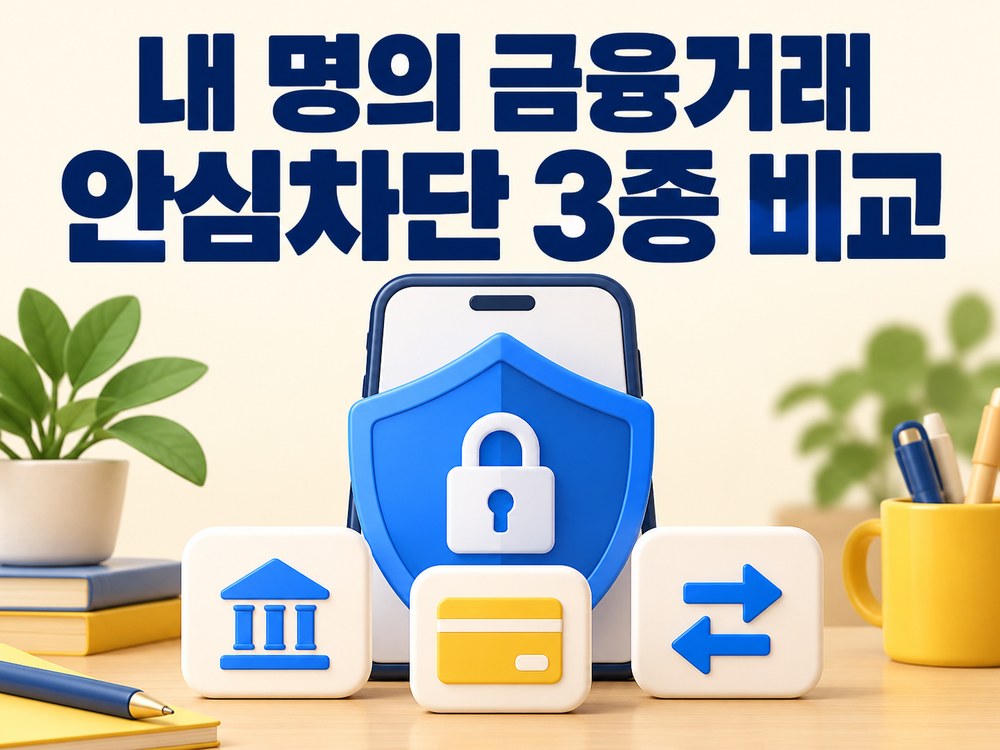 내 명의 금융거래 안심차단 3종을 비교하는 스마트폰과 방패 일러스트