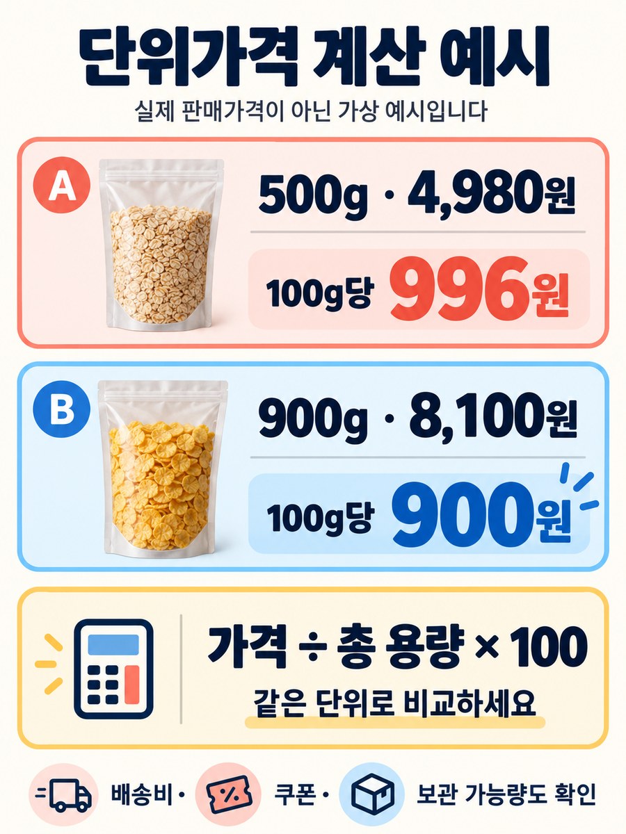 가상 상품 500g 4980원과 900g 8100원을 100g당 가격으로 환산한 비교