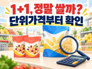 1플러스1과 대용량 상품의 단위가격을 비교하는 장보기 안내 이미지