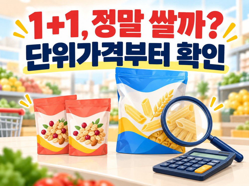1플러스1과 대용량 상품의 단위가격을 비교하는 장보기 안내 이미지